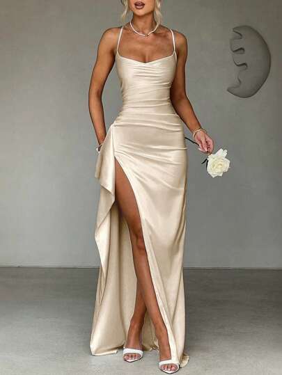 Elegant Sexy Satin Strapless Off Shoulder Ruffle Trim Waist Party Dress, Bridesmaid Gown, Formal Ball Gown