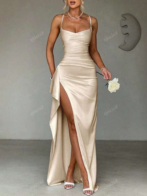 Adjustable Spaghetti Strap Ruffle Hem Slit Evening Dress, Party Dress, For Cocktail