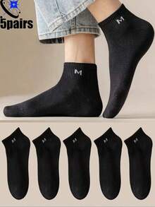 5 Pairs Men's Simple M Letter Pattern Breathable Ankle Socks, Suitable For Daily Wear - Black - View 1