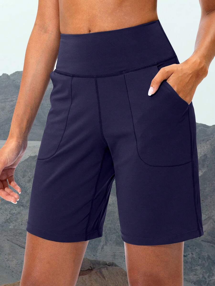 Womens 9" Athletic Long Shorts With Pockets High Waisted Summer Workout Shorts Womens Bermuda Shorts Gym Running Casual - 軍藍色 - 查看 1