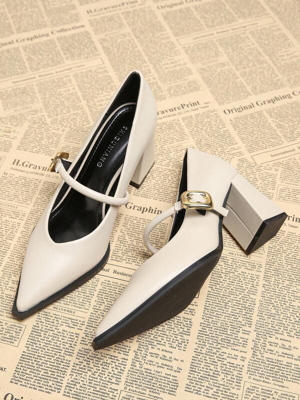 女士时尚办公室 2025 春季新款高跟鞋，休闲纯白、黑、棕色尖头金属装饰优雅简约粗跟高品质乐福鞋，适合阔腿裤和连衣裙，98581-7