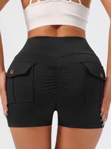 Pantalones cortos deportivos de cintura alta tipo cargo para mujer, leggings de compresión con pliegues y bolsillos con solapa que levantan el trasero