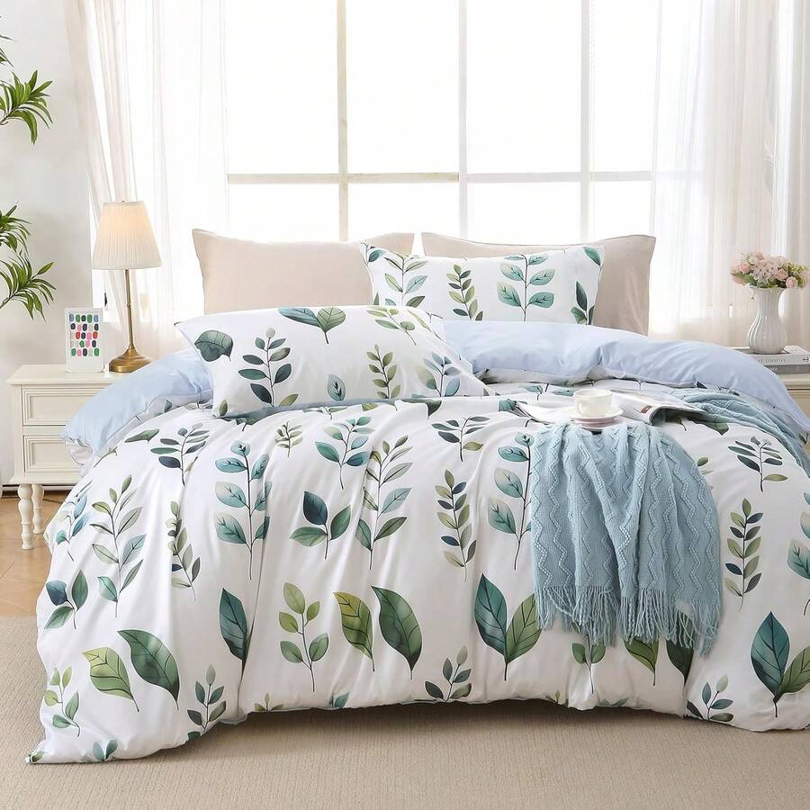 Duvet Cover King Size, Reversible Floral Lavender Duvet Cover Set With Zipper Closure, 3 Pieces Botanical Patterns Soft Microfiber Bedding Set (90"X104", 2 Pillow Cases 20"*36") - 05 - 灰綠色葉子(無被子) - 查看 1