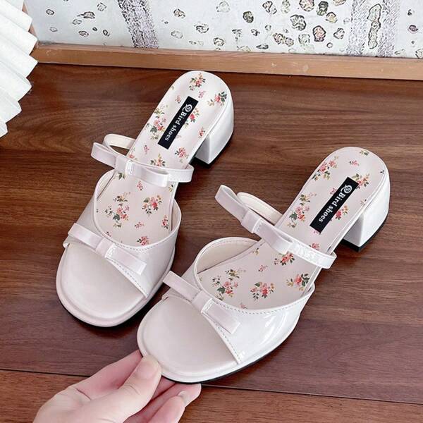 Women's Cute Ditsy Floral Pattern Strap Bowknot Casual Comfortable Slip-On Chunky Heel Pumps, Versatile Pair With Dresses