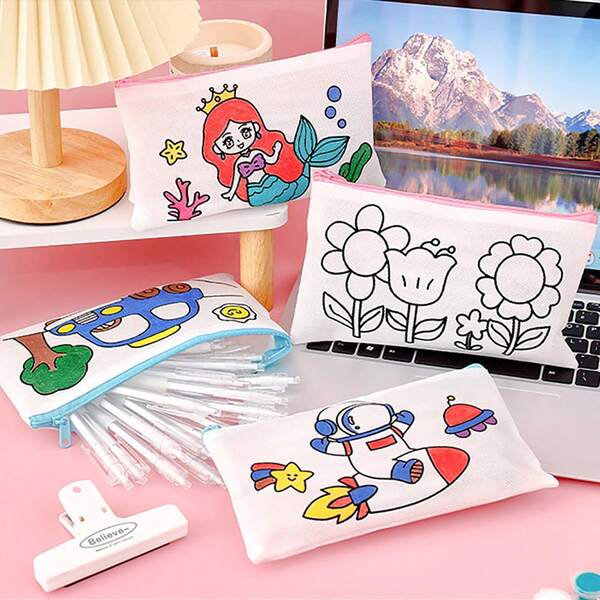 2pcs Non-Woven Fabric White Stationery Storage Bag, DIY Graffiti Coloring Zipper Pencil Case, Multifunctional Creative Interesting Drawing With Zipper Pencil Pouch, Rabbit, Flower, Car, Astronaut Cartoon Pattern Stationery Bag, Fabric Office Supplies Storage Bag, Back To School Small Gift