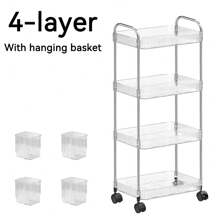 1pc Household Transparent Movable Cosmetic Small Cart Storage Rack, Large Capacity Multifunctional Bathroom Finishing Display Rack, Bathroom Accessories, Makeup Organizer Rolling Cart, Mobile Shelf For Office, Bathroom, Kitchen, & Living Room