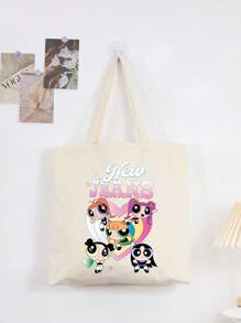 THE POWERPUFF GIRLS Cartoon Superhero Policewoman Minimalist & Stylish Canvas Shoulder Tote Bag, Casual Large Capacity Daily Work Commute Foldable Shopping Handbag