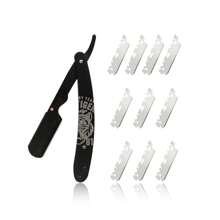 Men's Straight Razor Kit, Including 10PCS Stainless Steels Blades, Razor With Mental Handle With 3D Engraving Design,Black Classic Vintage Look For Barber Razor Manual Shaving For Haircutting, Beard Shaping, And Eyebrow Trimming For Men