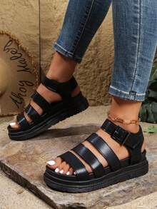 女童时尚厚底凉鞋，一脚蹬，防滑，2025年最新款式，韩版，夏季 - 黑色 - 查看 3