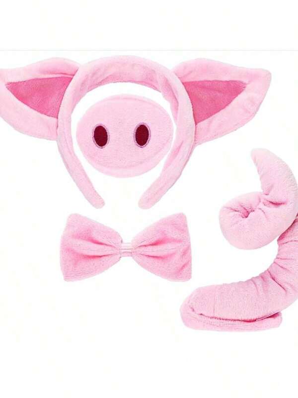 4pcs/Set Cute Pink Pig Costume Plush Accessories Set, Including Headband, Nose, Tail And Bowknot, Pink Cat Makeup Party Costume Accessories, Suitable For Holiday Party Animal Theme Costume Funny Outfit Carnival Cosplay
