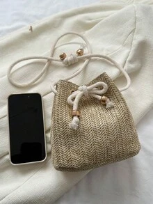 纯色迷你可折叠抽绳单肩包（豹纹或斑马纹，颜色随机）