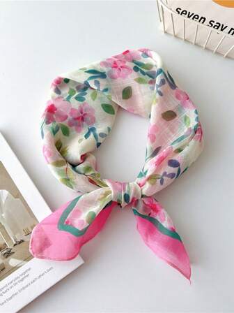 60厘米粉色碎花真丝方巾，女士时尚轻盈百搭颈巾，春秋新品