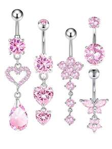 5 件银色和粉色心形、泪珠形、蝴蝶形 316L 不锈钢肚脐穿孔首饰套装，欧式风格，适合日常佩戴