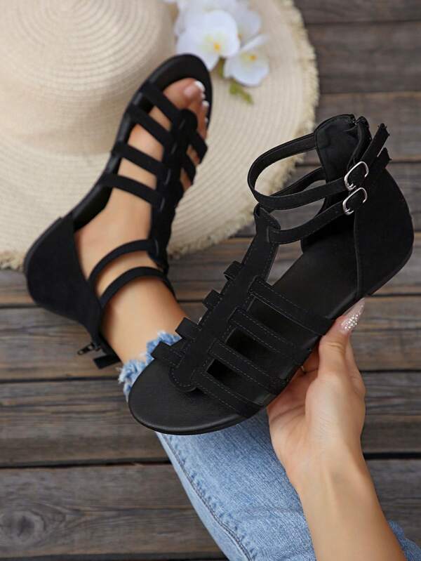 صنادل شاطئية بسيطة ذات لون أحادي وقفل خلفي وسحاب، موضة صيفية عصرية لعام 2025، صنادل صيفية كاجوال للنساء بنقشات مضفرة