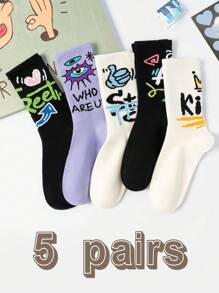 5 Pairs Unisex Cartoon Graffiti Colorful Socks, Original Design, Fashion Patterns Suitable For Various Styles, Great For Gifts To Family And Friends