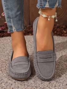 新款女士浅灰色绒面针织平底鞋，优雅仿绒面平底鞋，四季皆宜的舒适纯色套脚乐福鞋，圆头百搭休闲高端轻便户外/工作鞋，女士工作鞋 - 淺灰色 - 查看 3