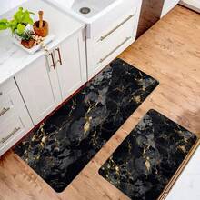 1pc Black And Gold Marble Pattern Floor Mat, Soft Plush Surface, Modern
