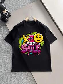 Playera estampada con  "Smile" colorido – Estilo divertido - Negro - Ver 1