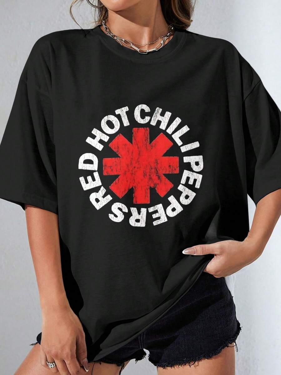 EWHRed Hot Chili Peppers Distressed Women's Black Cute Women's Tops With Unique Front Design, Perfect For Summer - 黑色 - 查看 1