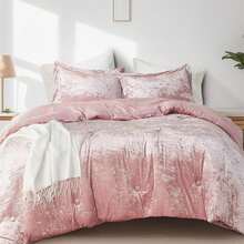 Full/Queen Cozy Velvet Comforter Sets, Luxe 3-Piece All Season Down Alternative Bedding Set, Pink Blush Damask Comforter Bed Set With Pillow Shams