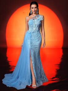 Váy dạ hội dài thêu hoa trang trí lưới sequin cho nữ, Đầm dự tiệc, Trang trọng, Khách dự tiệc cưới - Màu xanh lam - Xem 10