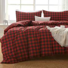 Duvet Cover King Size, Reversible Floral Lavender Duvet Cover Set With Zipper Closure, 3 Pieces Botanical Patterns Soft Microfiber Bedding Set (90"X104", 2 Pillow Cases 20"*36") - 04 - 紅色格子(無被子) - 查看 1