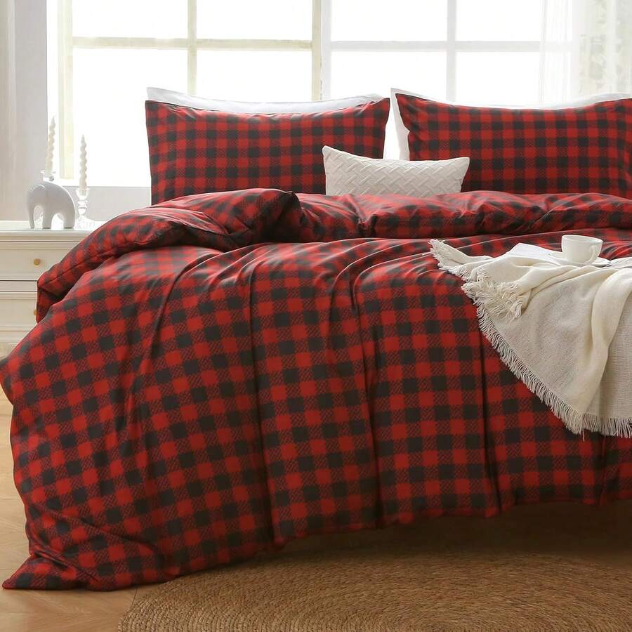 Duvet Cover King Size, Reversible Floral Lavender Duvet Cover Set With Zipper Closure, 3 Pieces Botanical Patterns Soft Microfiber Bedding Set (90"X104", 2 Pillow Cases 20"*36") - 04 - 紅色格子(無被子) - 查看 1
