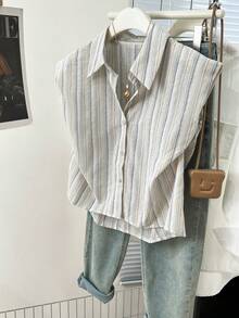 YUXIN 女士休闲条纹宽松短袖衬衫，夏季新款 - 藍色 - 查看 4