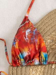 3pcs Women's Sexy Floral Print Bikini Set With Tie-Up Back And Mesh Skirt, Summer