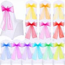 10pcs Organza Chair Sash, Organza Bowknot Chair Back Decor For Dining Table, Wedding Supplies, 18cm Width, 275cm Length, Need DIY To Tie Into Butterfly Shape, Gauze Decorative Ribbon For Party, Graduation, Wedding, Ceremony, Packaging