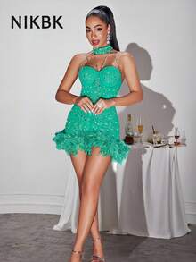 NIKBK Halloween Night Out Homecoming DressesHalter Artificial Feather Rhinestones Pearls Decoration Mini Bodysuit Jumpsuit Easter Rave Concert Cocktail Party Prom Dress BodyCon Mini Dress Women Club Outfits Clothing Festival Formal Dresses For Women Vestidos Elegant Es De Mujer Prom Cocktail Party Graduation Outfits July 131th Glamorous Weeding Guest Bridesmaid Graduation Gown For Father's Day, Independence Day, Pride Month