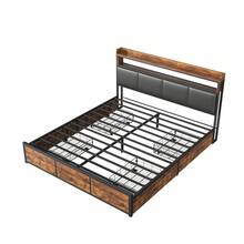 Cama tapizada, 140x200cm, canapé con 4 cajones, diseño industrial moderno con decoración en madera, con cabecero de almacenaje en PU, estructura de hierro, cama doble, sin colchón, color negro - Negro - Ver 10