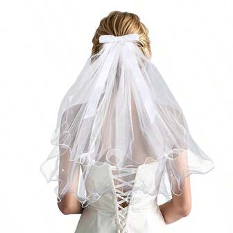 1 pieza Tocado para la despedida de soltera de la novia, velo con decoración de lazo y perlas para fiesta/fotografía, velo de novia con lazo para boda, velo para graduación, baile de promoción, accesorio para el cabello para primera comunión