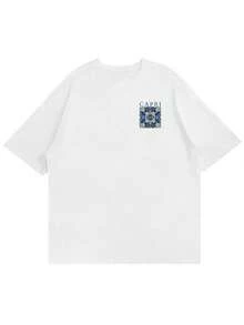 Men's Floral & Letter Retro Print Short Sleeve T-Shirt, Comfortable Breathable Fabric, Summer Wear - White - View 3