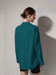 QIANZHIDU Elva 女士标语印花长袖单排扣休闲宽松衬衫，女士纯色宽松长袖商务面试通勤休闲简约衬衫，返校季毕业季办公室春夏秋季服装，情人节，新年穿搭 - 水鴨藍 - 查看 4