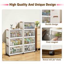 1pc (38cm/14.96in) Width Small Folding Storage Cabinet, 1-6 Tiers Selectable, Clothes Divider Wardrobe Storage Box, Kitchen Pantry Organizer, Dining Tableware Cabinet, Thickened Flip-Top Rolling Storage Cart, Freestanding Plastic Folding Storage Shelves For Home