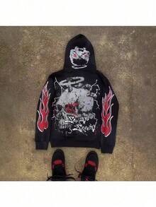 Y2K American Vintage Harajuku Street Dark Hip Hop High Street Cartoon Printed Zip Hoodie Loose Sweater High Street