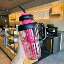 Big Cup Simple High Value Large Capacity Water Cup Tea Leak Flower Tea Summer Cool Portable Handle Straw Cup - Hot Pink - View 3
