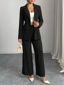 Elegant Solid Color Suit Jacket & Pants Set - Black - View 2