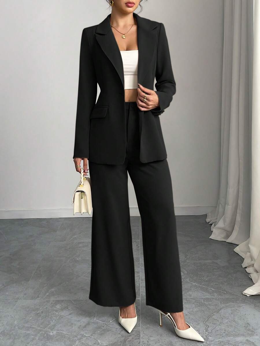 Elegant Solid Color Suit Jacket & Pants Set - màu đen - Xem 1