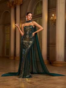 Missord Váy dạ hội đuôi cá sequin cho nữ, váy dạ hội trang trọng dài tay thanh lịch, dành cho khách dự tiệc cưới, tốt nghiệp, tiệc tối - màu xanh lá - Xem 5