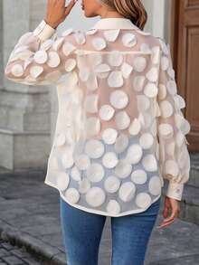 Camisa semitransparente para mujer, larga, informal, elegante, con volantes y botones delanteros, para uso diario - Beis - Ver 2