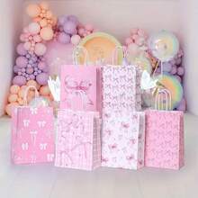 6/12/18/30个装粉色蝴蝶结主题派对礼品袋 - 优雅纸质礼品袋，带提手，适用于婚礼、新娘送礼会、生日及其他特殊场合，饰以粉色系蝴蝶结、星星和几何图案，婚礼派对回礼 | 独特蝴蝶结设计 | 结实耐用的提手袋，新娘送礼会礼物 - 彩色 - 查看 4