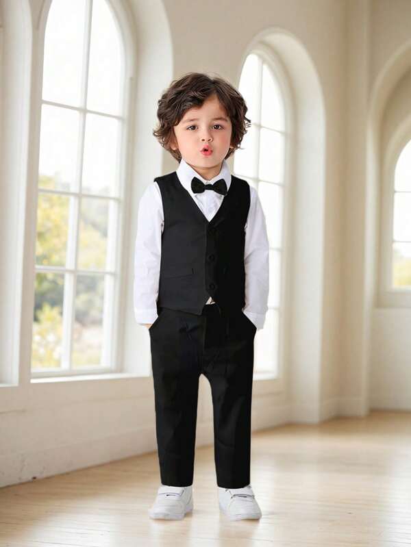BOARNSEORL 3pcs Young Boys Gentleman Outfit Set: White Shirt With Bowknot, Vest And Pants, Suitable For Birthday Party, Wedding, Holiday And Other Formal Occasions