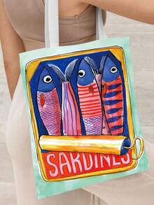 1pc Sardine Printed Tote Bag, Durable Canvas Storage Bag, Double Sided Pattern Shopping Bag, Gift For Friends, Back To School - Multicolor - View 2