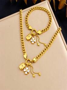 1 Gold-Plated Stainless Steel Diamond Inlaid Transparent Five Petal Flower Pendant, Square Three-Dimensional Star Shaped Accessory Chain, Stainless Steel Necklace Bracelet Set - Flowers - View 16