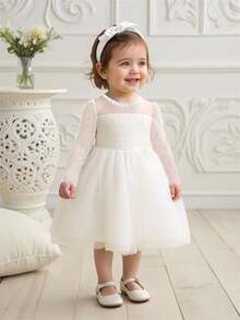 0-2岁女婴蕾丝长袖连衣裙，白色洗礼服，适合派对穿着