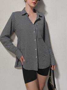 QIANZHIDU Elva 女士标语印花长袖单排扣休闲宽松衬衫，女士纯色宽松长袖商务面试通勤休闲简约衬衫，返校季毕业季办公室春夏秋季服装，情人节，新年穿搭 - 黑色 - 查看 3