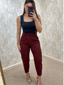 ISADORA MODA Women's Carrot Pants Twill, 2 Buttons, With Pockets, Solid Color() - Cosmic Dust Red - View 4
