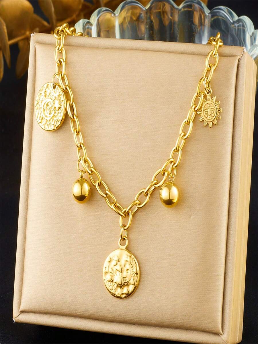 1 Irregular Circular Pendant, Face Sun Accessory Chain, Gold-Plated Stainless Steel Jewelry Necklace